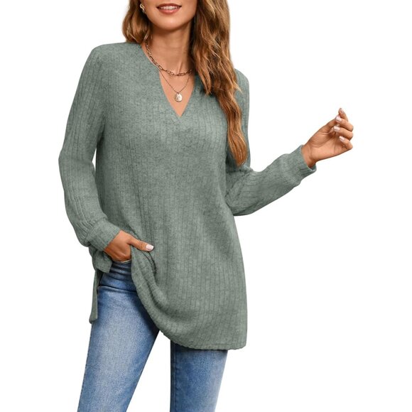 Women's V Neck Long Sleeve Sweater Tunic Top Casual Fall Winter Plus Size - Picture 4 of 6